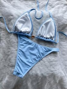 Ladies' Shell Metal Buckle Pure Blue Triangular Cup Bikini Two Pieces Set, Summer Beach Vacation Party Fashionable, Elegant And Casual Swimsuit Set - Mint Blue - View 6