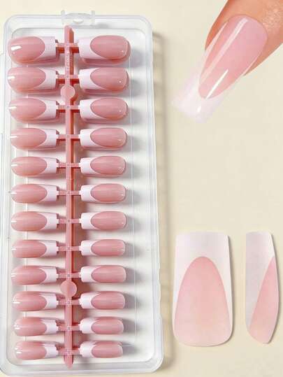 120 Pieces Of Powder-White French-Style Square Acrylic Fake Nails, French-Style Square Acrylic Fake Nails, 12 Different Sizes, Suitable For DIY Manicures, Suitable For Women And Nail Salons, Nail Sticker Products