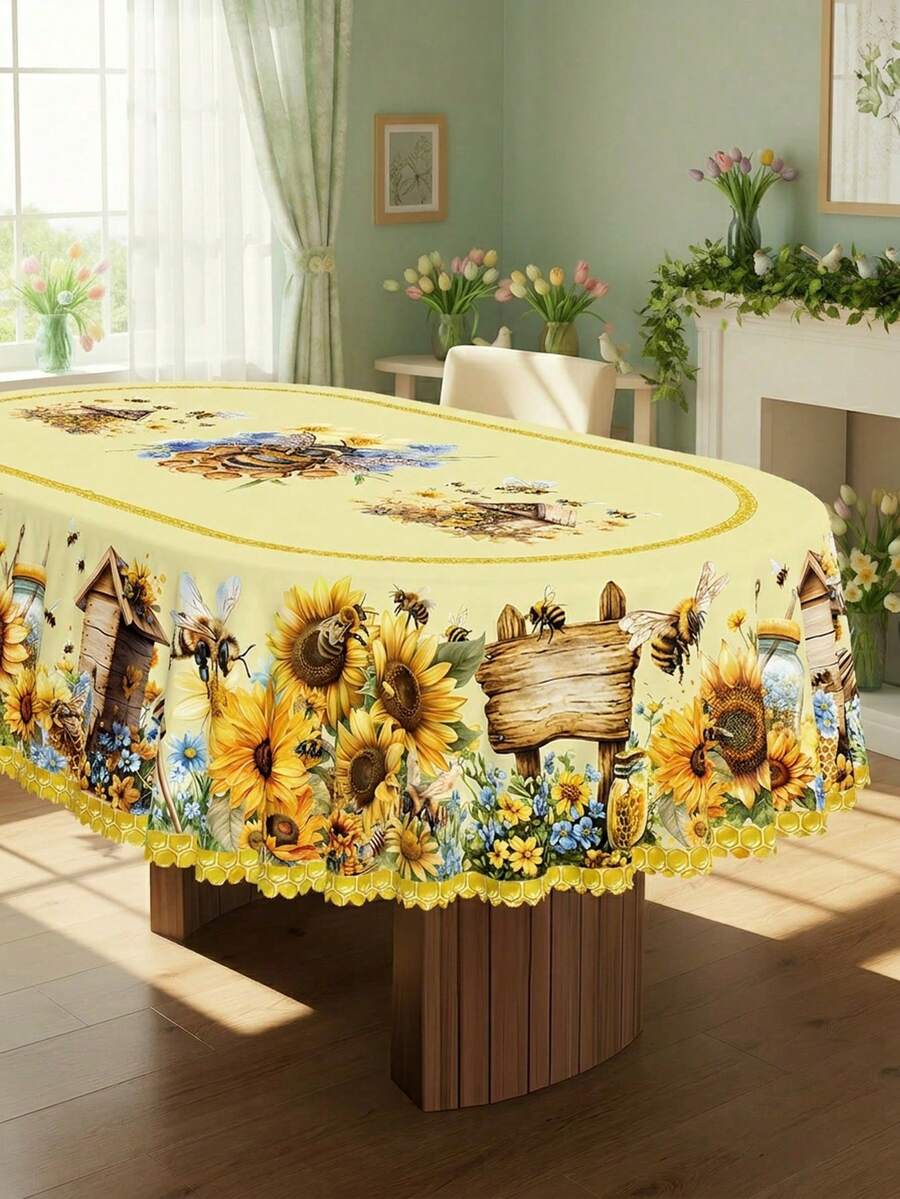 1 pieza - Mantel de estilo vintage con estampado de abeja y flores con ribete de encaje, estampado de acuarela de abeja, girasol, narciso, flores silvestres, mantel de poliéster impermeable, lavable para decoración de restaurante, primavera en el hogar y fiesta del Día de la Madre - Multicolor - Ver 1