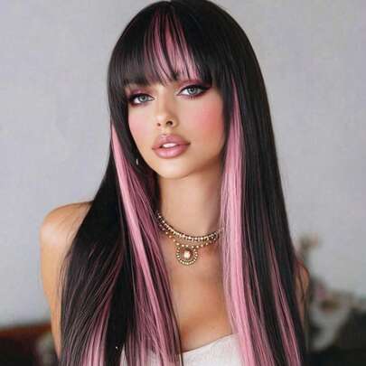 Tóc giả dài 24 inch màu hồng ombre có mái, chất liệu tổng hợp thẳng, mềm mượt tự nhiên, được ưa chuộng cho sử dụng hàng ngày và các lễ hội âm nhạc.