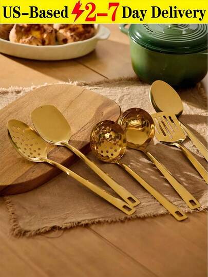 [Delivery Within 2-7 Days In The United States]6 Pcs Of Set Gold Stainless Kitchen Utensils Set, Titanium Gold Plating Stainless Steel Cooking Utensils Set, Kitchen Tools Set, Cooking Spoons, Home Essentials Kitchen Gadgets Accessories.6 Pcs Long Metal Cooking Utensil Gadgets Tools Set With1 Soild Turner, 1 Soup Ladle, 1 Slotted Spoon, 1 Slotted Spatula Tunner, 1 Large Spoon, 1 Serving Spoon(Gold, Dishwasher). One-Piece Molding Design, These Stainless Steel Utensils Ensure Superior Durability And Prevent Food Residue From Getting Trapped In Crevices. Made Of High Quality Stainless Steel, Well Balanced, Strong, Healthy And Corrosion Resistant. The Ergonomic Swan Handle Design Gives You A Very Comfortable Grip And Is Easy To Use. Suitable For Home, Kitchen, Hotel, Buffet And Banquet ,Kitchen,Christmas Gift.