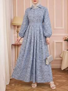 Solessence 女式满花印花系带衬衫裙，纽扣翻领长袖长裙，适合秋冬春正式宴会、约会之夜、节日、居家和日常穿着 - 藍色 - 查看 1