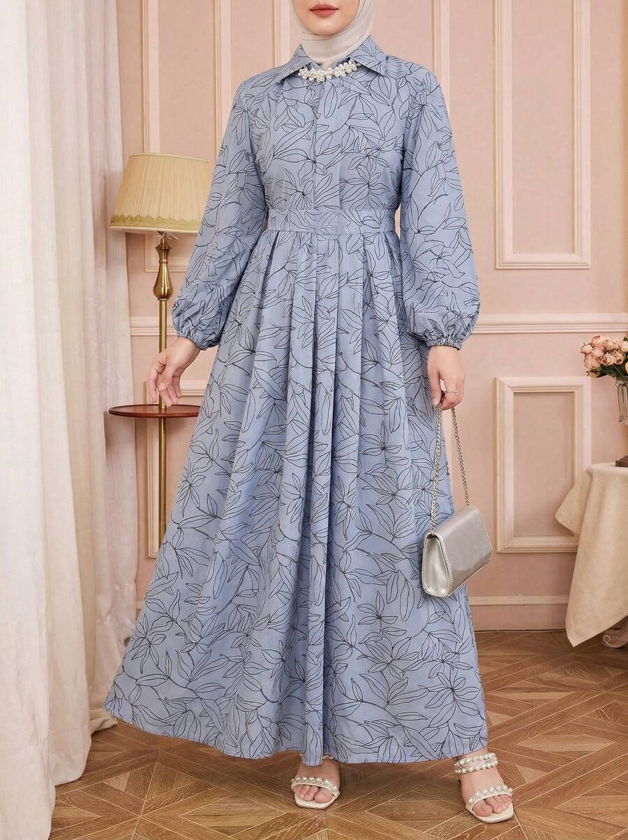 Solessence 女式满花印花系带衬衫裙，纽扣翻领长袖长裙，适合秋冬春正式宴会、约会之夜、节日、居家和日常穿着 - 藍色 - 查看 1