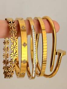 5Pcs/1pc Gold Plated Stackable Bracelet Set | Floral Crystal Bangle | Dainty Fashion Jewelry Gift For Her - Yellow Gold - View 3