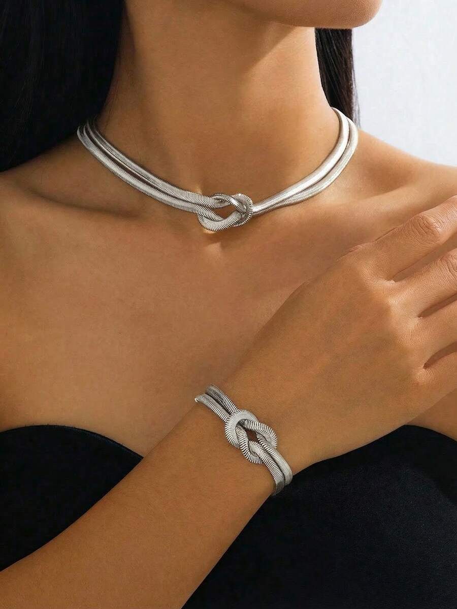 Bộ 2 món trang sức bạc phong cách punk tối giản thời trang, dây chuyền và vòng tay xoắn, chất liệu kim loại độc đáo, dễ dàng phối hợp đeo hàng ngày, món quà tuyệt vời. - Nhiều màu - Xem 1