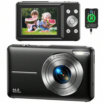 Nicamery 4400万像素1080P数码相机，16倍光学变焦，32GB存储卡，2块电池，便携式旅行相机，适合摄影，数码傻瓜相机，青少年和老年人礼物