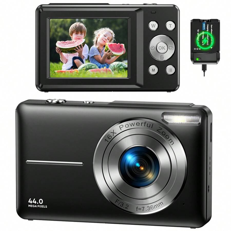Nicamery 1080P 4400万像素数码相机，适用于摄影、数码傻瓜拍摄和录像，16倍光学变焦，配备2块电池，小巧便携，适合作为青少年和老年人的礼物。[此链接不包含存储卡，需要另行购买]