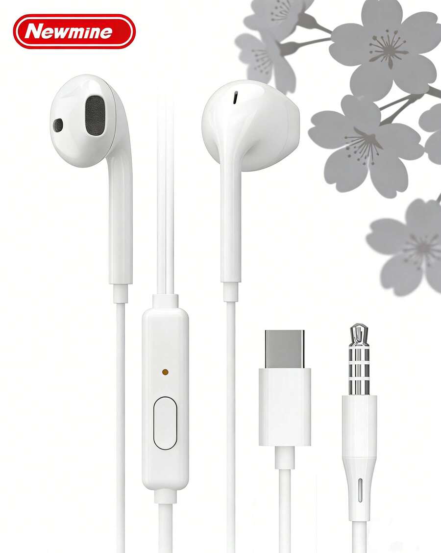 Newmine Auriculares intrauditivos con cable, controles en línea Tipo-C/3,5 mm, diseño ergonómico semi-in-ear, ajuste cómodo, sonido estéreo original, compatibles con dispositivos Xiaomi, VIVO, Huawei y PC. - Blanco - Ver 1