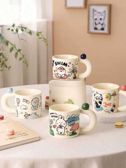 Cană ceramică albă lăptoasă cu model de desene animate, drăguță cană rotunjită vindecătoare în stil Ins, pictată manual, cu mâner sferic colorat, potrivită pentru micul dejun, cadou, acasă, birou, cămin, toate anotimpurile