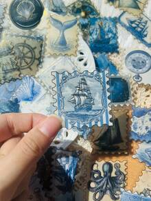 50 pièces Autocollants de timbre postal nautique bleu rétro pour cahier, ordinateur portable, album de découpage, journal, planche à roulettes, guitare, bouteille d'eau, carte postale, fournitures scolaires de décoration DIY - 1 Set - Voir 4