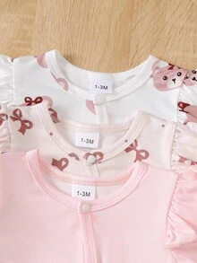 BrownBark 3pcs Baby Girls Summer Casual Cute Fresh Outfit Set, Romper, Bear & Bow Pattern, Newborn Baby Girl Bodysuit - Multicolor - View 6