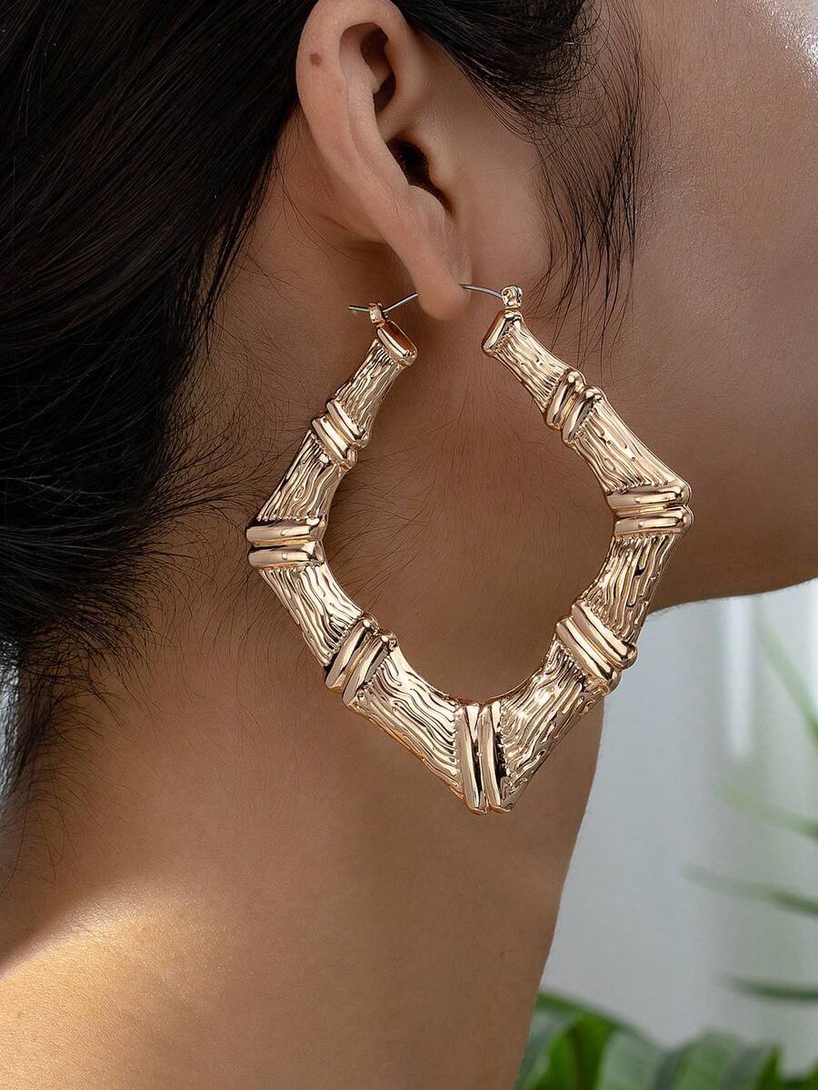 1 par de pendientes de aro de bambú hueco de moda - Amarillo Oro - Ver 1