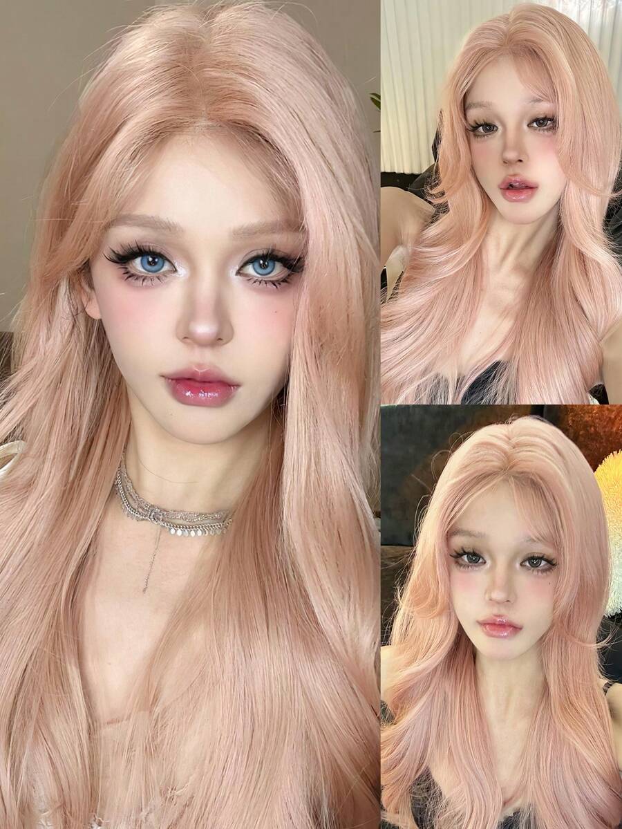26-Inch Rose Pink Long Curly Wig, Heat-Resistant Synthetic Fiber Wig, Fashionable Style For Women's Daily Wear.