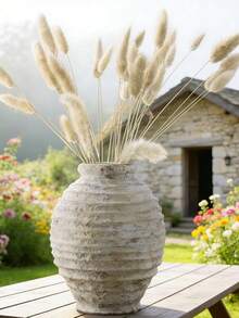 复古树脂落地花瓶，大型米色条纹陶瓷花盆，适合种植蒲苇草，乡村农舍风格家居装饰，适用于客厅、玄关、露台和花园，理想的乔迁礼物，波西米亚风餐桌和户外露台装饰 - A - 查看 2