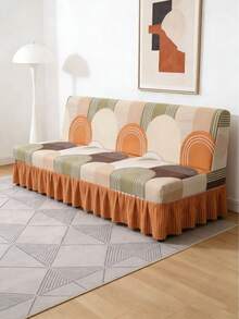 1pc Curved Printed Sofa Bed Cover, Skirt Design, Made Of Polyester Fiber Elastic Fabric, Fully Covered Design, Suitable For All Seasons, Simple And Modern - Burnt Orange - View 4