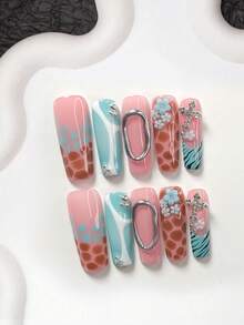 10pcs Y2K Style Acrylic Nail Art Kit, Includes Acrylic Nail Stickers, Hand-Painted Blue, Brown Stone Texture, Black Tree Branch Nail Decor, Blue 5-Petal Flower, Silver Steel Ball Nail Accessories, Blue Nail Polish, Comes With Nail Tools (1 Jelly Sticker + 1 Nail File) 3 Sizes Available: Almond, Duck Mouth, Coffin Press On Nails - 彩色 - 查看 12