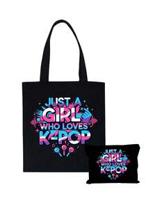 帆布手提袋，印有“Just A K-Pop Lover Girl”字样，大容量K-Pop粉丝单肩包，粉丝周边礼品，通勤购物袋，可折叠休闲杂货袋，适合音乐爱好者，适用于旅行、演唱会、粉丝活动、派对、工作、日常使用，粉丝礼物，韩剧粉丝的理想生日礼物，大学生，偶像周边，节日礼物，演唱会礼物 - 彩色 - 查看 17