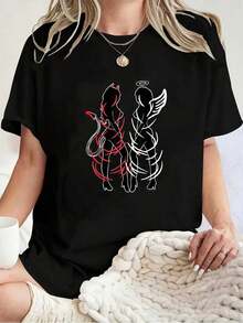 100% Cotton Unisex  Sexy Women Illustration Duality Symbol Devil and Angel Girls T-Shirt , Women's Men's Graphic Tee Causal Tops - Negro - Ver 6