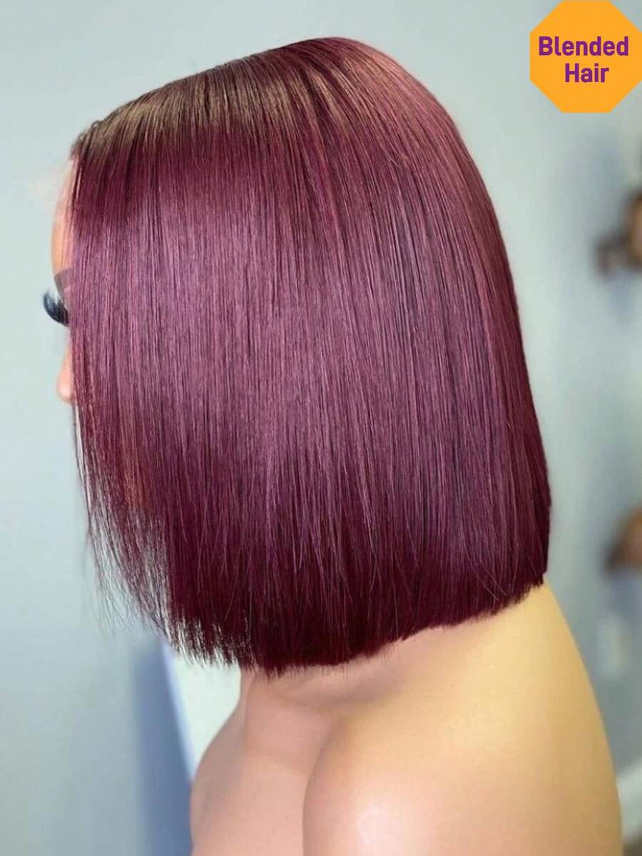 女士99J酒红色13x4高清蕾丝波波头假发，180%密度，耐热合成纤维混纺真人发，带婴儿发，适合万圣节和圣诞节等场合，可作礼物。 - SBUG - 查看 1