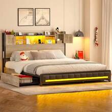 Cabecera De Cama Full Con Luces Led Y Salidas 140*15*109cm,Almacenamiento 3 Niveles + diseño multifuncional,Ideal para Dormitorios - Negro - Ver 8