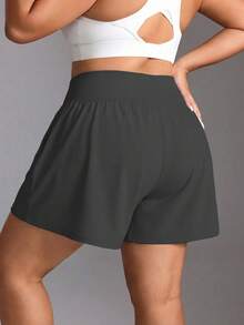 Plus Size Women's High Waist Elastic Tummy Control Fitted Shorts, Casual Fashion Side Split Pockets Outdoor Exercise Bermuda Shorts, Spring/Summer Sports - Black - View 4