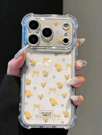 Spring Outfit Essential, Creative Light Yellow Floral & Bow Design Transparent Shockproof Phone Case, Air Cushion Scratch-Resistant Soft TPU Material, Suitable For IPhone