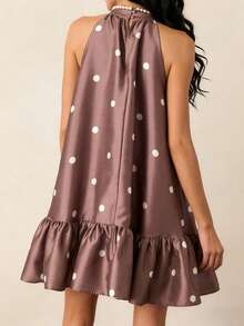 Women Summer Halter Neck Sleeveless Mini Dress Mock Neck Satin Ruffle Hem A Line Party Club Dresses - Brown - View 5