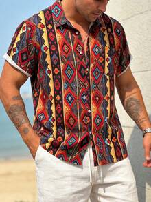 1. Summer Men's Textured Corduroy Printed Shirt Collar Short Sleeve Shirt, Vacation Style Revere Collar Button Casual Shirt, Lightweight Breathable Men's Textured Shirt, Casual Refined Men's Textured Shirt, Shirt Collar Short Sleeve Simple Elegant Commuter Shirt, Summer Beach Casual Shirt Collar Short Sleeve Top, Shirt Collar Design Broadens Shoulders Graceful Comfortable Versatile Casual Street Style Summer Shirt, Casual Men's Outfit - Red - View 2