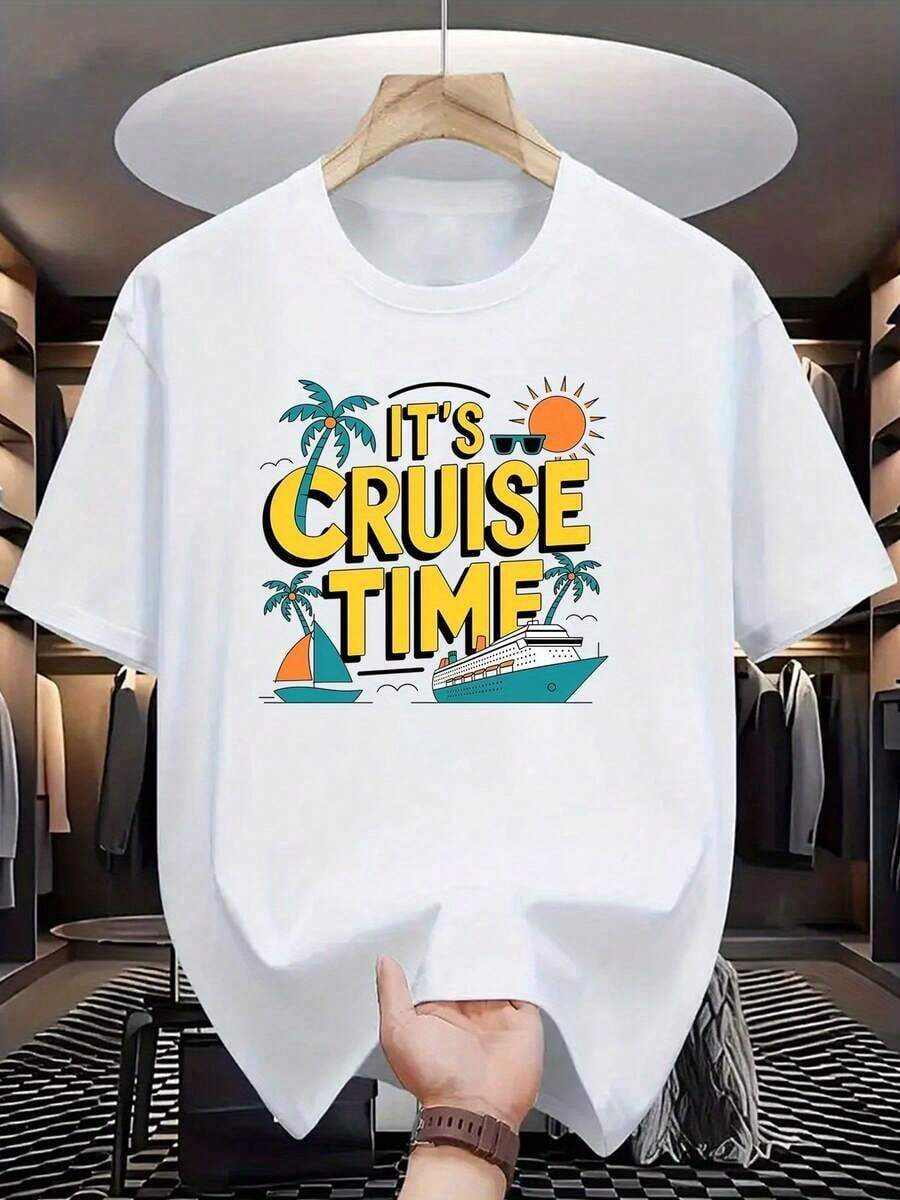 Camiseta masculina unissex ZIVRE 'Cruise Time' com estampa - Design preto de navio de cruzeiro tropical, palmeiras e pôr do sol, manga curta, gola redonda, estilo casual de verão, lavável à máquina, modelagem regular, ideal para férias na praia | Roupa náutica divertida | Camiseta com estampa digital, acessórios para viagens de cruzeiro - Branco - Ver 1