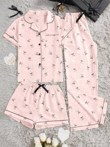 3pcs/Set Piyama Wanita Kasual Longgar dengan Pita, Motif Polkadot, Saku, Kancing Depan, Lengan Pendek, Atasan dan Celana Pendek/Celana Panjang, Musim Semi/Panas - Baby Pink - View 3