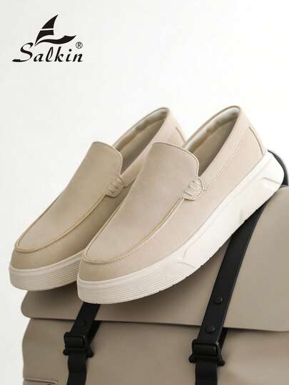 Salkin 1 Pair Designer Men's Loafers, Slip-On Casual Shoes, Affordable Luxury For Modern Living. Thick Sole Elevator Shoes, Suede Leather Upper, Soft Solid Color Dress Shoes, Rounded Toe, Rubber Outsole, Suitable For Daily Walking, Dating, Outdoor, Party, Wedding, Gentleman Business, Holiday Gift, All Seasons. Please Order One Size Larger.