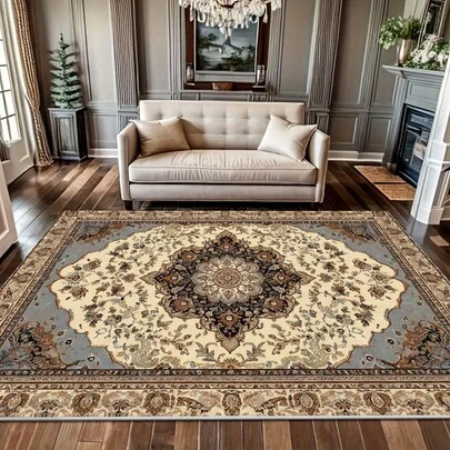 1pc Vintage Luxurious Beige, Brown, Blue Persian Pattern Decorative Rug. Velvet Material Weighs Approx. 850g, Thickness Approx. 0.6cm. , Anti-Slip, Easy To Clean Rug. Available In Multiple Sizes. Suitable For Kitchen/Living Room/Dining Room/Bedroom/Balcony/Bathroom/Study. Perfect Choice For Home Decor.
