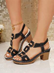 Plus Size Women's Retro Solid Color Buckle Platform Wedge Sandals,Summer Shoes - Black - View 2