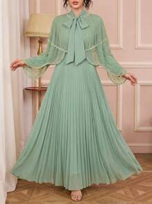 Solessence Elegant Women's Pleated Maxi Dress With Beaded Pearl Cape And Round Neck Long Sleeves Non-Stretch Fabric For Special Occasions - Mint Green - View 1
