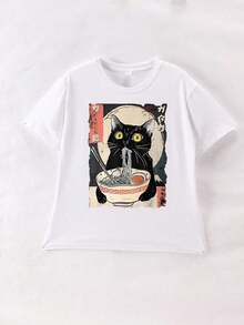 Camiseta de manga corta con estampado de gato de dibujos animados y ramen para niñas, verano - Blanco - Ver 6