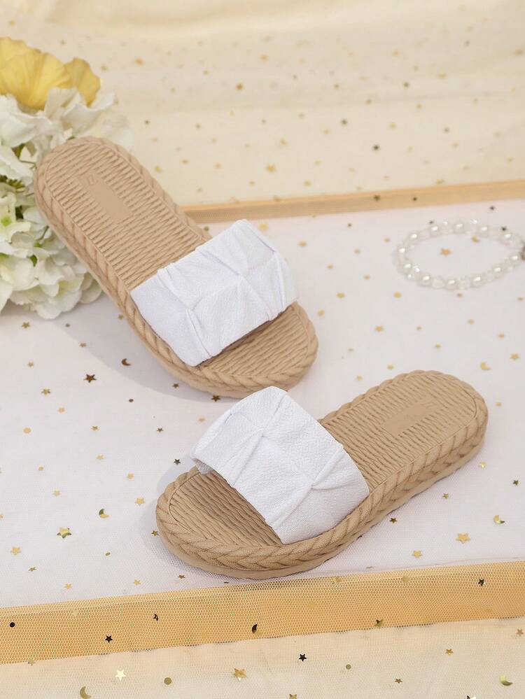1 đôi dép đi trong nhà đế bằng màu trắng cho trẻ em, quai bằng vải mềm màu trơn, mũi tròn tối giản, quai co giãn mềm mại chống trơn trượt, kiểu dáng dép đi biển cổ điển thời trang phù hợp cho sinh hoạt hàng ngày, trong nhà, mẫu mới mùa xuân/hè. - trắng - Xem 7