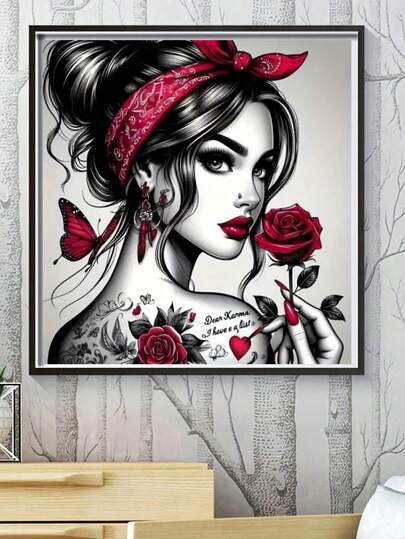 1 Set Of Artist Home Wall Decoration, Adult Diamond Painting Kits Crafts Fantasy Cool Tattoo Girl Women Portrait Flowers Red Rose 5D DIY Diamond Painting Full Diamond Beginner Adult DIY 5D Diamond Art Painting Kit Diamond Art Painting Kit, Complete Charming Gift