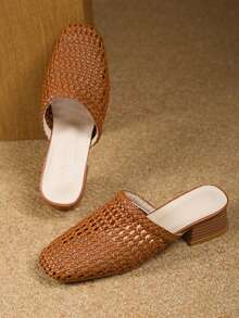 Giày sandal nữ mũi vuông dệt kim, giày cao gót màu nâu thanh lịch, giày đế dày rỗng thích hợp cho các buổi tiệc ngoài trời. - màu nâu - Xem 5