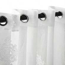 Superior Quality Lightweight Embroidered Damask Sheer Stainless Grommets Window Treatment Curtain Panel Set of 2 52" x 108" - White - Blanco - Ver 2
