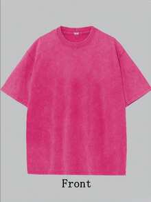 Oversized Washed Gray Short Sleeve Tee, Loose Fit Vintage Streetwear Style, Basic Summer - Hot Pink - View 5