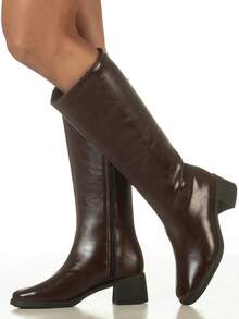 Women's High-Top Boot With Smooth Square Toe And Medium Block Heel - Classic, Comfortable, And Elegant - GiGiL - 咖啡棕 - 查看 1