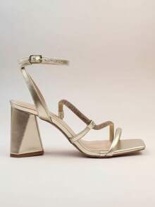 Women's Sandal With 7.5 Cm Block Heel And Rhinestones – Elegant Party/Wedding Sandal | Nude, Black, Silver, Light Gold Ella's Shoes - 金色 - 查看 4
