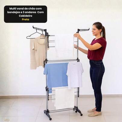 Multi varal de chão com bandejas e 3 andares Com Cabideiro- Preta