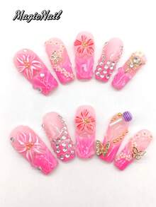 10 Pieces Of Pure Hand-Pressed Wearable Nail, 33mm Long Coffin-Shaped Nail, Pink Hydrated Nail, Pink Nail, Three-Dimensional Raised Pink Flower, Three-Dimensional Round Lollipop Jewelry, Three-Dimensional Butterfly Jewelry, Golden Diamond Magic Wand, Rhinestone Shape, 3D White Small Flower Line. Cute Nail Piece, Spring Nail Piece. - Multicolor - View 2