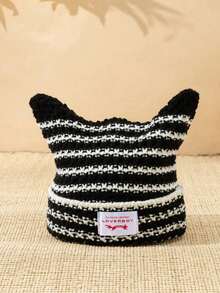 .1pc Men's Unique Cat Ears Sewn Label Y2K Knit Beanie, Suitable For Autumn/Winter Warm Daily Wear Halloween Fall Outfit.. U4LY - E - View 8