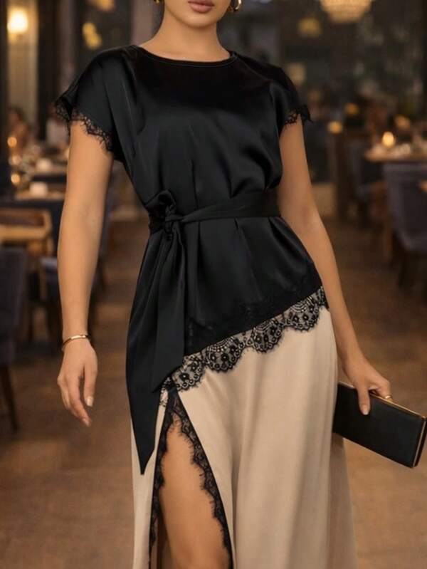 Women's Elegant Commuter Lace Patchwork Round Neck Short Sleeve Asymmetrical T-Shirt Top, Solid Woven Fabric With Lace Splice Asymmetric/Asymmetrical Waistband, Suitable For Office, Daily Wear, And Dates Black Summer