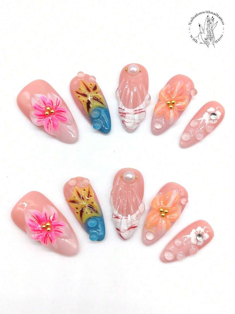 10片手工杏仁形美甲贴纸,长25毫米,蜜桃色搭配蓝色和白色,饰有凸起花朵、扇形线条和透明圆点。可爱美甲贴纸,适合日常、休闲、度假、派对、表演等各种场合。按压式美甲贴。 - 彩色 - 查看 1
