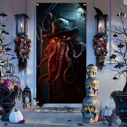 2D门帘：1款加勒比海盗海怪门帘，涤纶材质，万圣节章鱼人门帘，多功能室内外节日装饰，适合悬挂于入口、露台、花园和墙壁。多种尺寸可供选择。