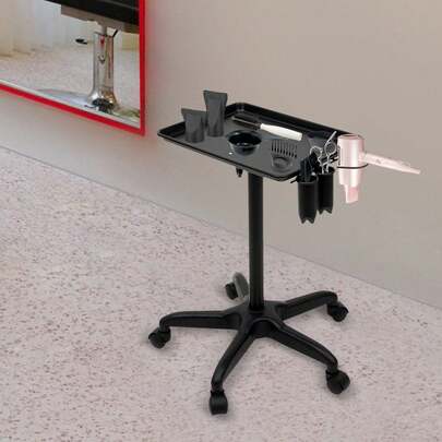 Adjustable Height Salon Trolley On Wheels - Aluminum Medical Cart With 2 Cups And Metal Loop For Beauty, Spa, Tattoo, Dentistry (Black)