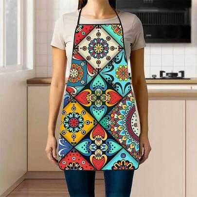 סינר בישול גיאומטרי צבעוני בוהמי אחד עם הדפס אריחים, עיצוב פרחוני מנדלה וינטג', סינר בישול עמיד, מתאים לאופים, מעצבי עוגות, חובבי ברביקיו, גננים, ציירים, מניקוריסטים - מתנה מושלמת לשפים ביתיים ומקצועיים